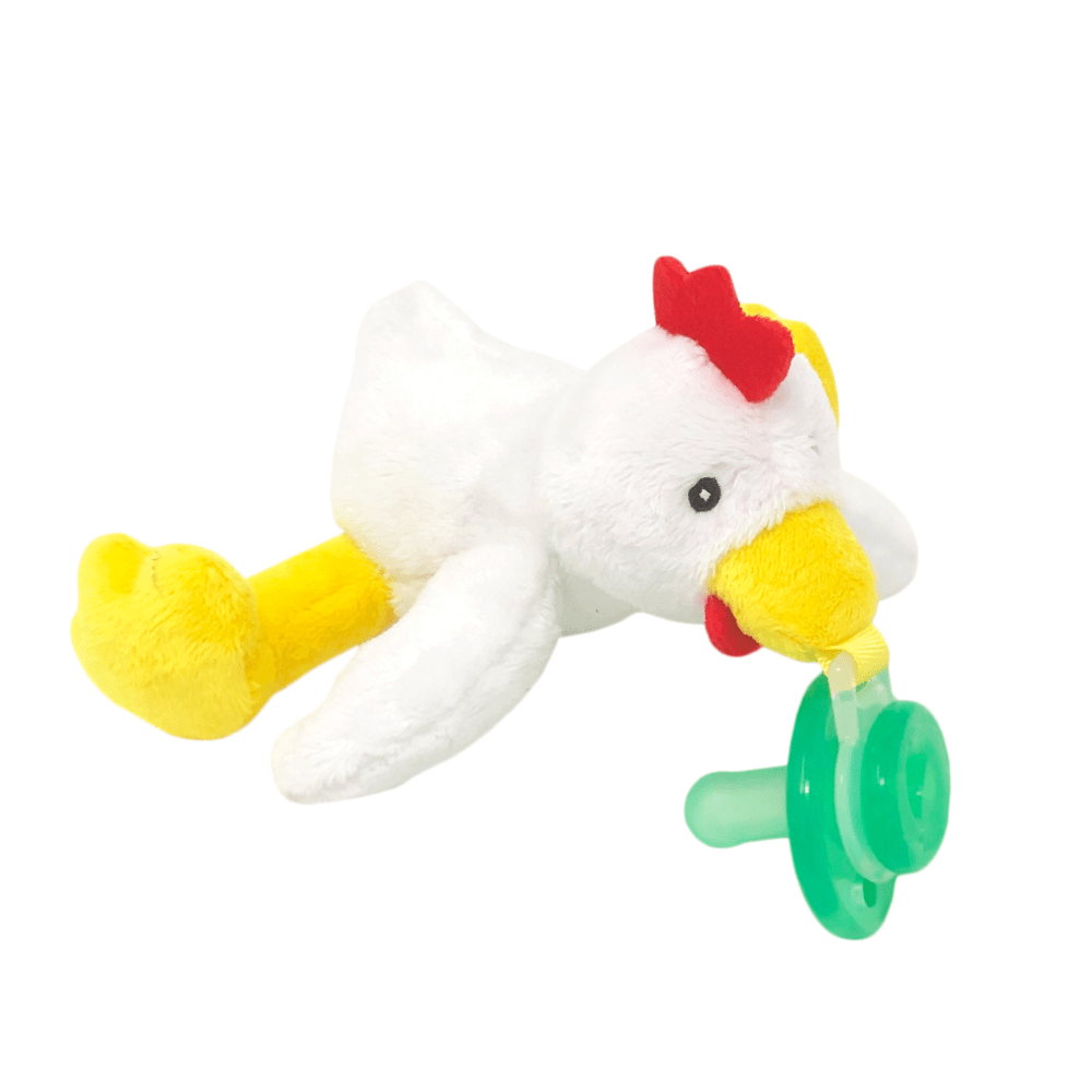 Nookums Paci-Plushies Buddies Chick plush pacifier holder, white with yellow beak, red comb, green pacifier