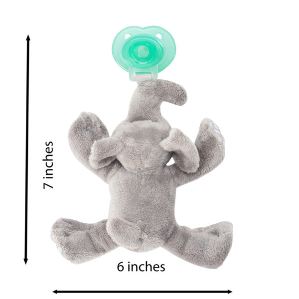 Nookums Paci-Plushies Ella Elephant Buddies gray plush with green pacifier clip attached to its head.