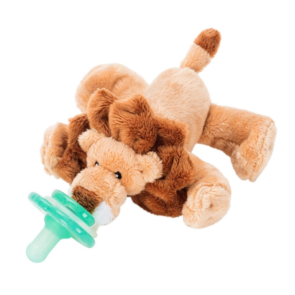 Nookums Paci-Plushies Leo Lion Buddies plush with mint-green pacifier attached for soothing baby.