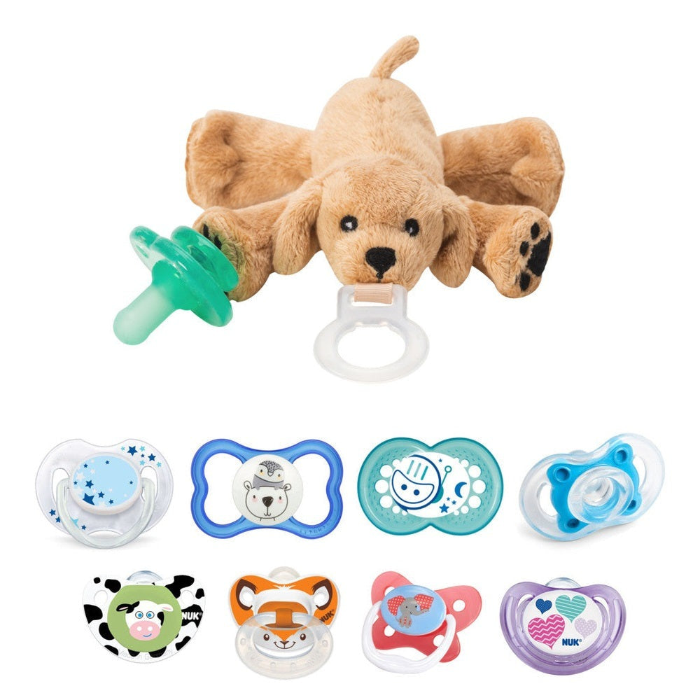 Nookums Paci-Plushies Rufus Puppy Buddies: plush dog with attached pacifier clip and six colorful pacifiers.
