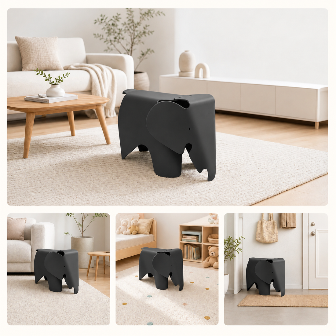 Black NORDIC Elephant Chair styled in living room, kids room and entryway settings