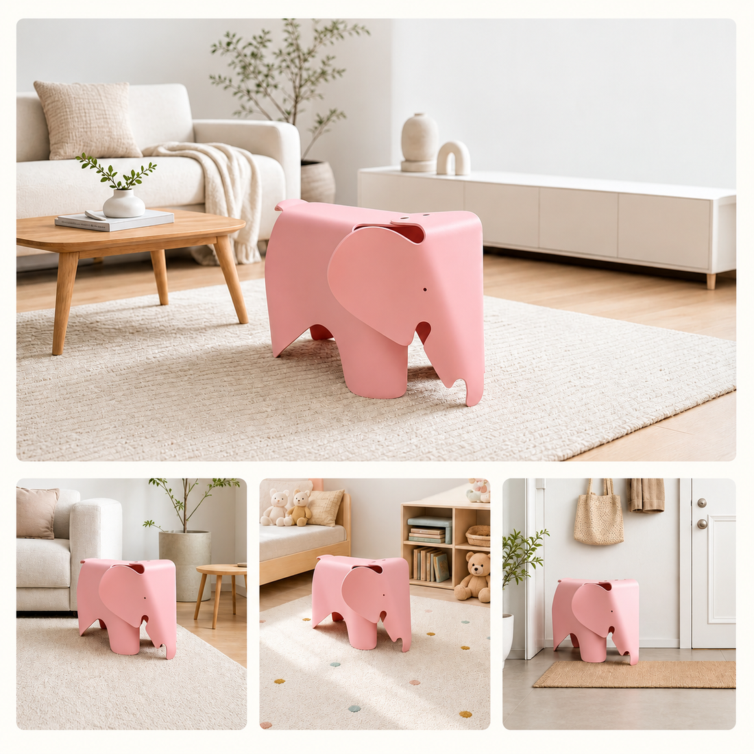 Pink NORDIC Elephant Chair styled in living room, kids room and entryway settings