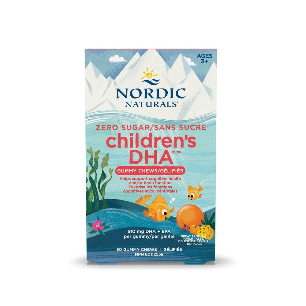 Nordic Naturals Children's DHA Gummy Chews 30Ct in Ocean Blue box with mountains, waves, and orange fish.