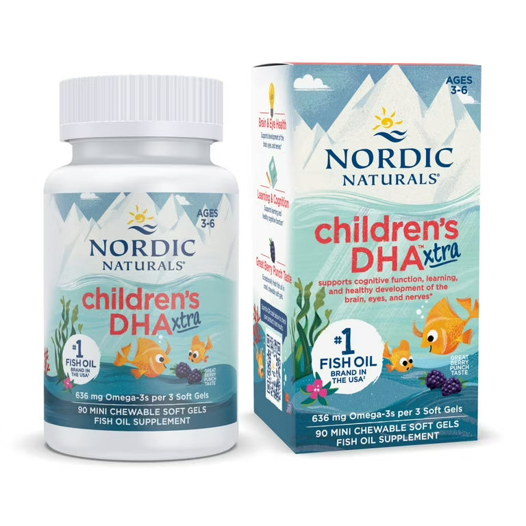 Nordic Naturals Children's DHA Xtra Fish Oil Supplement in blue-teal packaging with mountain scene
