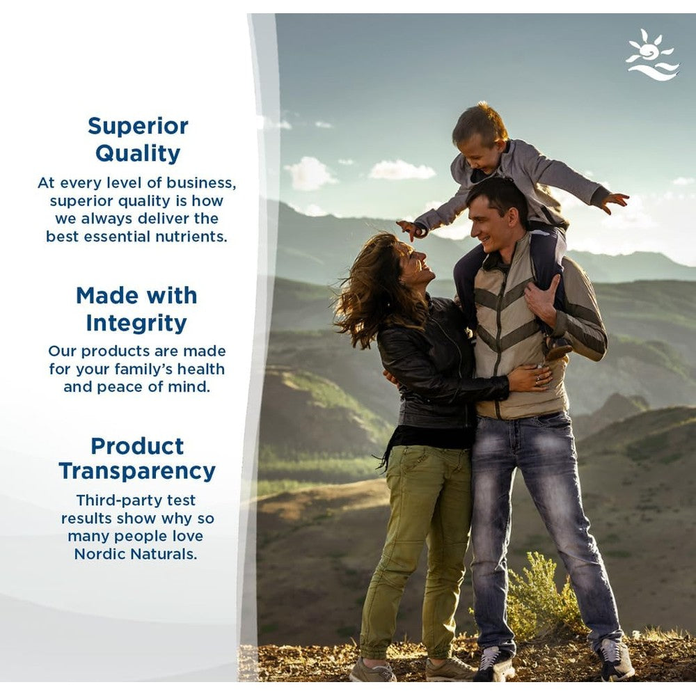 Nordic Naturals Children's DHA Xtra 90 Count Dietary Supplement in outdoor family portrait with mountains.
