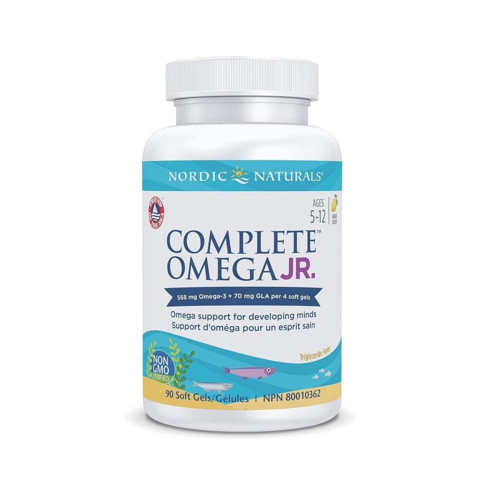 Nordic Naturals Complete Omega Jr bottle with blue label, 90 soft gels for ages 5-12