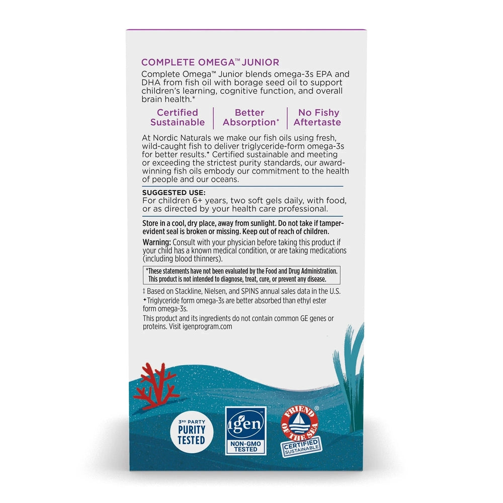 Nordic Naturals Complete Omega Junior Dietary Supplement in Ocean Blue packaging with sea graphic, 90 count