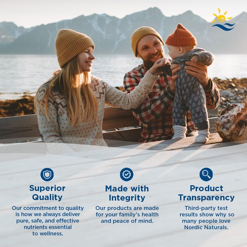 Nordic Naturals DHA Junior 180 Counts Supplement in outdoor family by lake with mountains and cozy knit hats.