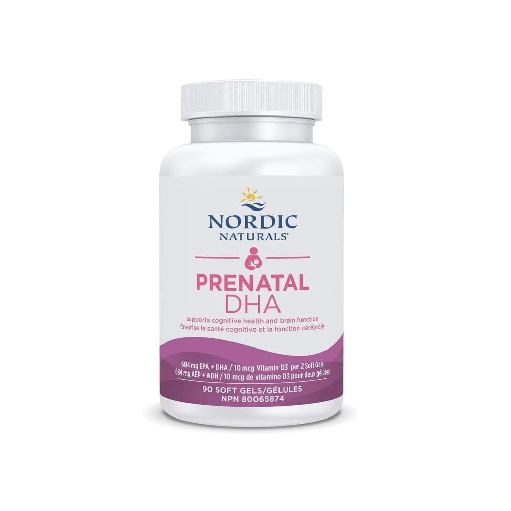Nordic Naturals Prenatal DHA Soft Gels in white bottle with pink label and purple curved band.