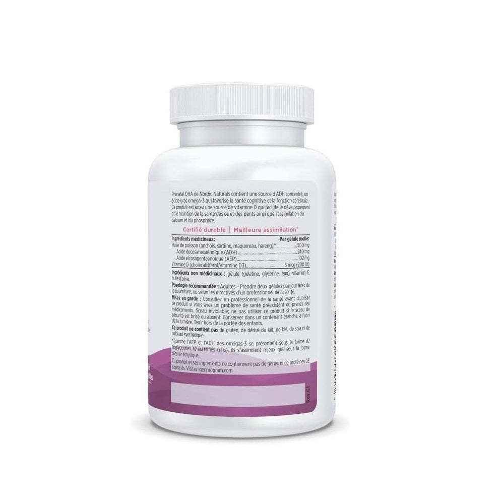 Nordic Naturals Prenatal DHA 90's Dietary supplement in white bottle with purple label band