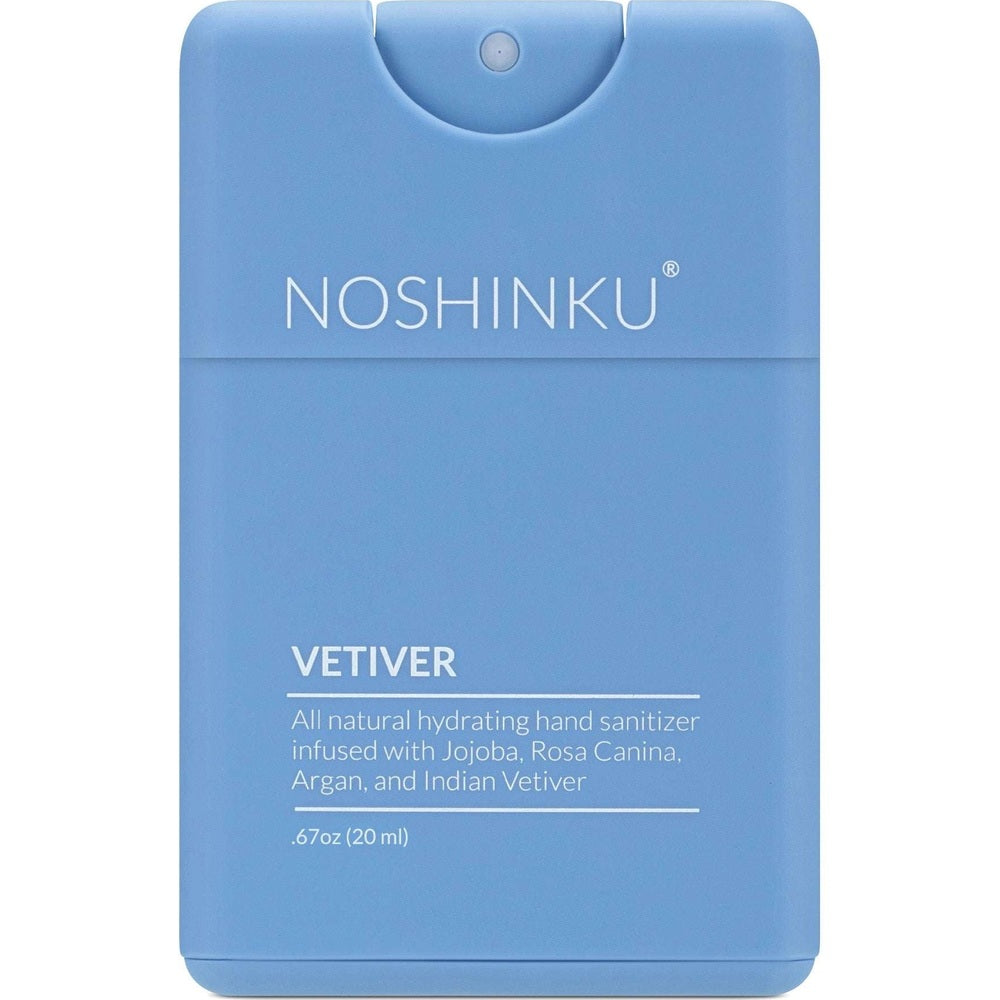Noshinku Vetiver refillable pocket hand sanitizer in blue case, 20 ml