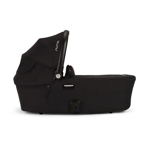 Nuna DEMI next Bassinet in Caviar side profile with canopy raised