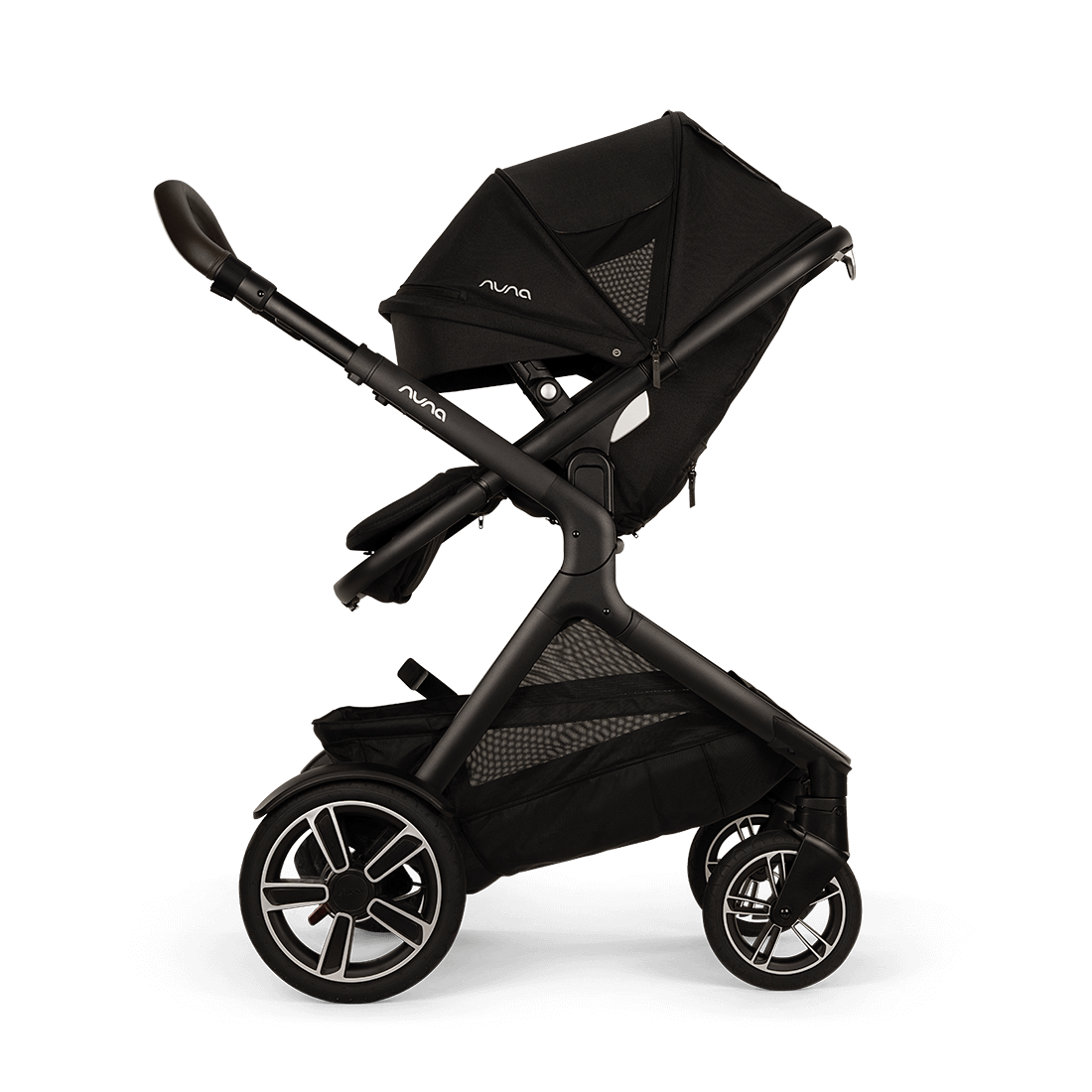 Nuna DEMI Next Stroller with Rider Board — Caviar — parent-facing seat with privacy drape