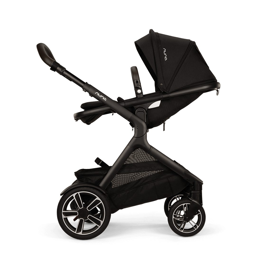 Nuna DEMI Next Stroller with Rider Board — Caviar — reclined parent-facing seat