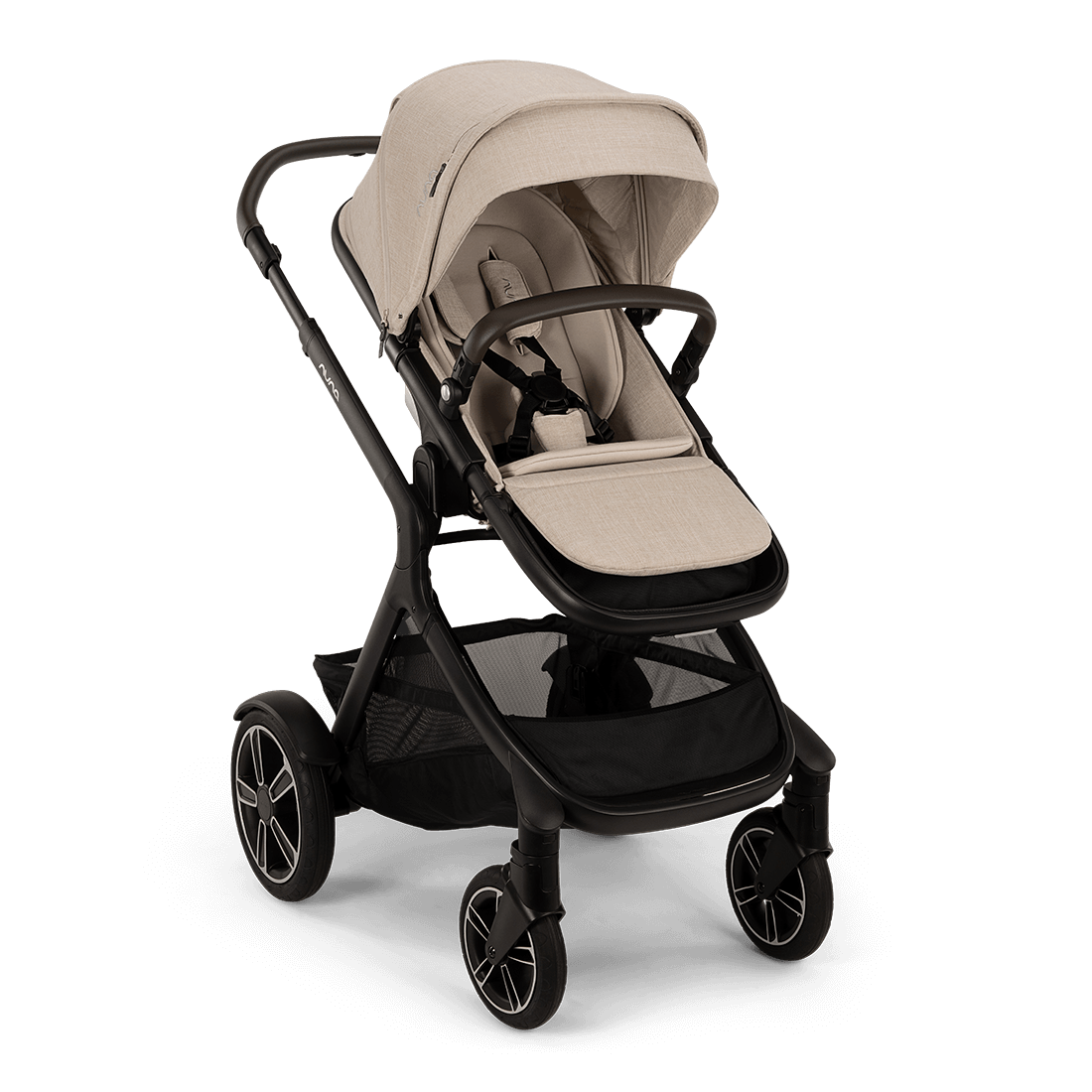 Nuna DEMI next Stroller with Rider Board — Biscotti angled front view on black