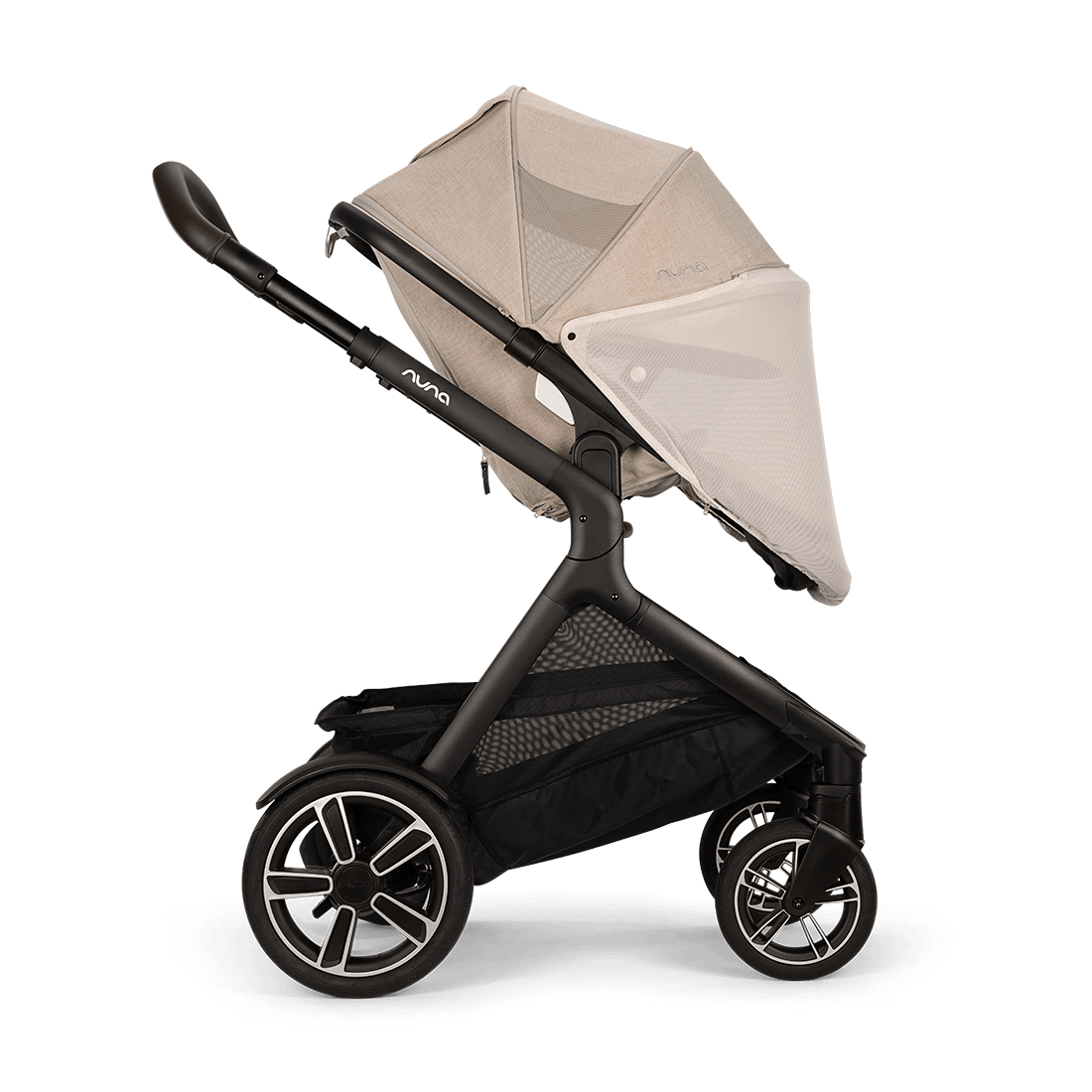 Nuna DEMI next Stroller with Rider Board — Biscotti forward-facing deep recline