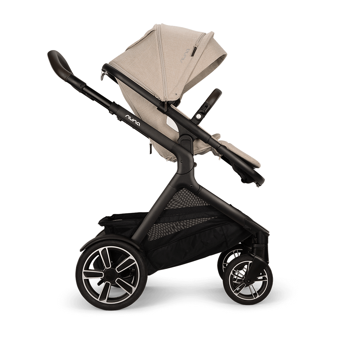 Nuna DEMI next Stroller with Rider Board — Biscotti forward-facing seat side profile