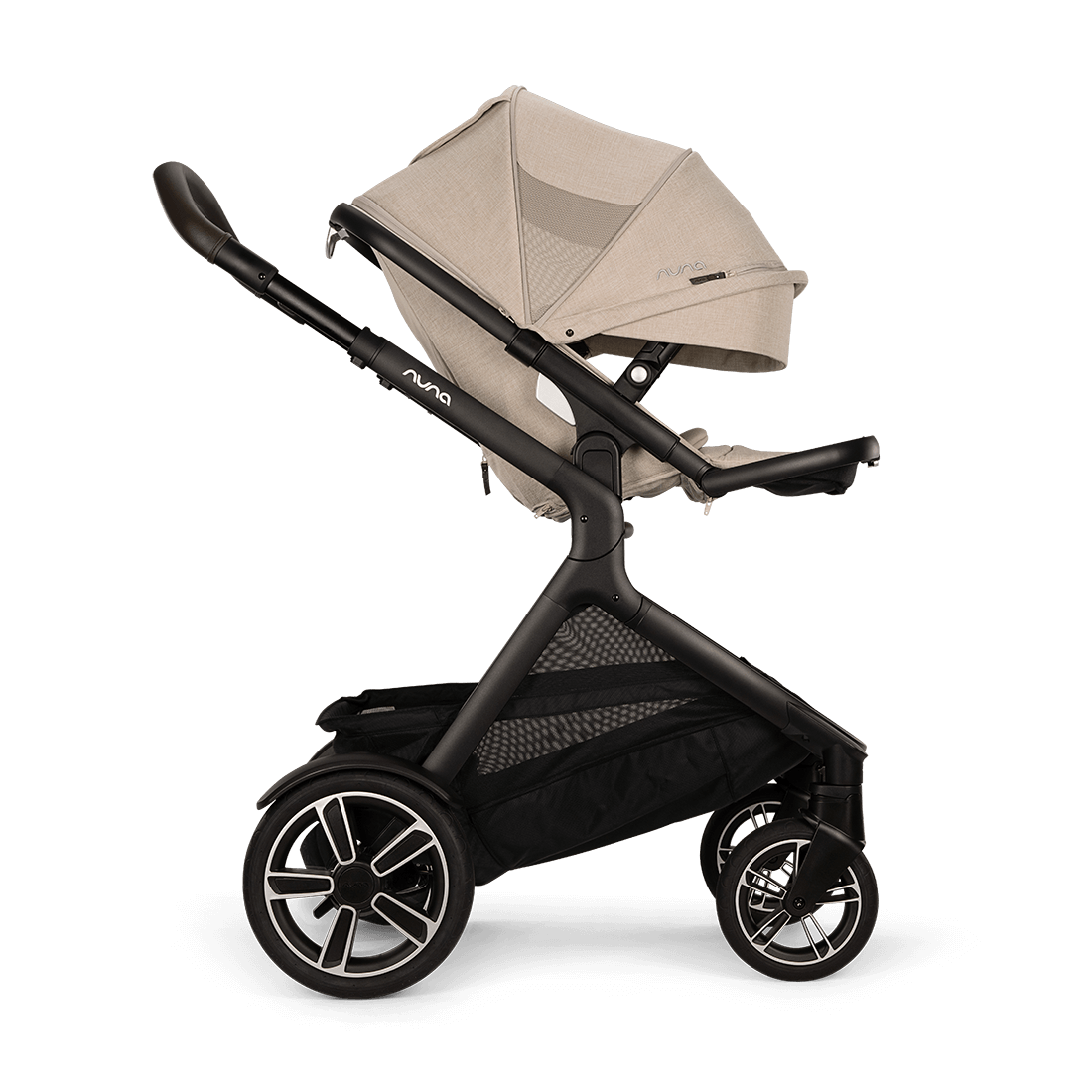 Nuna DEMI next Stroller with Rider Board — Biscotti forward-facing seat with footrest raised