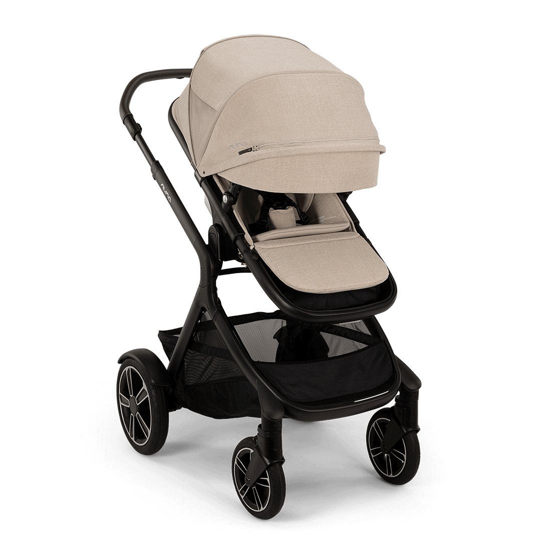 Nuna DEMI next Stroller with Rider Board — Biscotti front three-quarter view with canopy extended