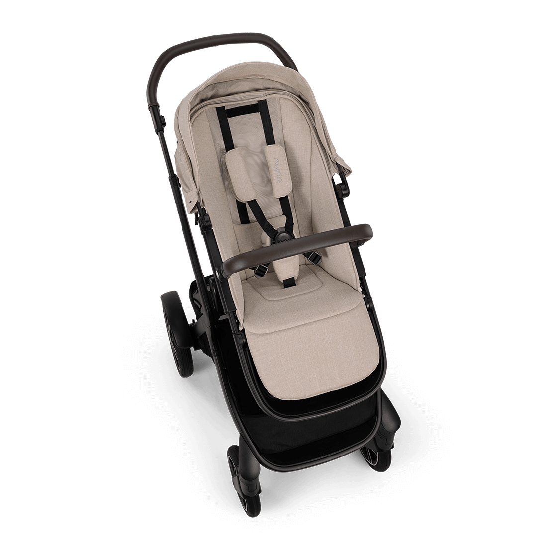 Nuna DEMI next Stroller with Rider Board — Biscotti overhead seat and harness view