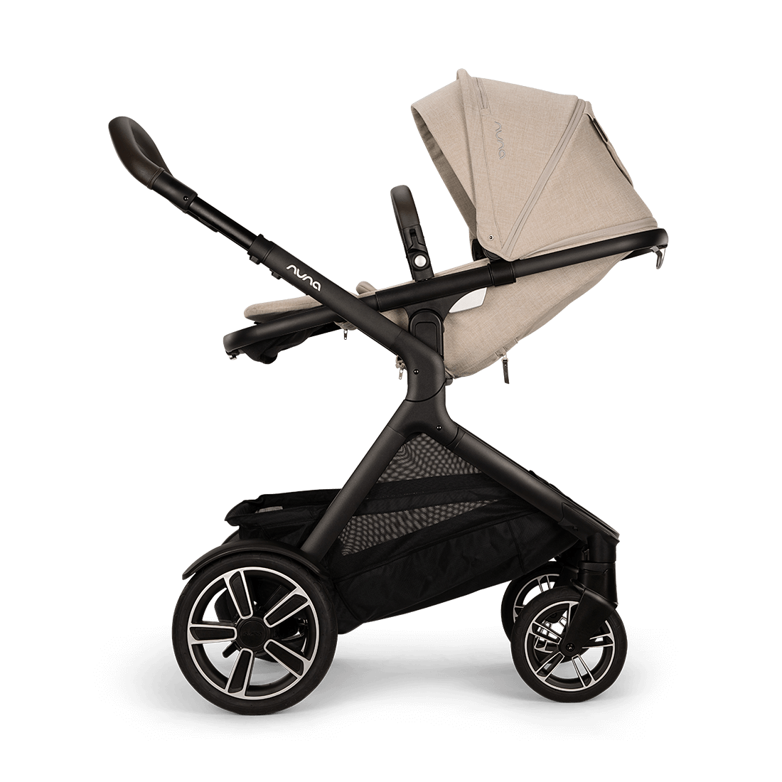 Nuna DEMI next Stroller with Rider Board — Biscotti parent-facing recline position
