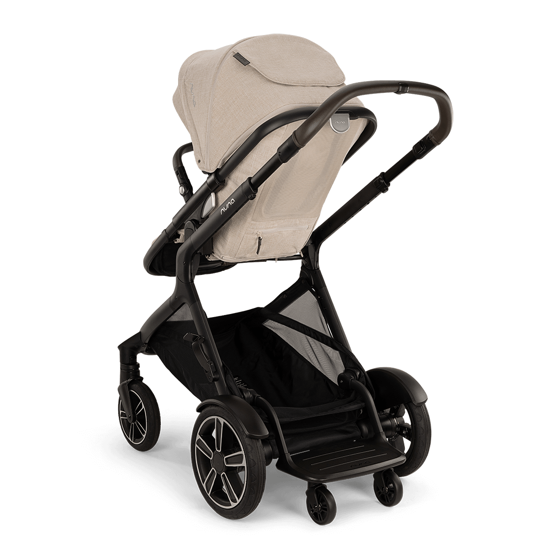 Nuna DEMI next Stroller with Rider Board — Biscotti rear view with rider board lowered