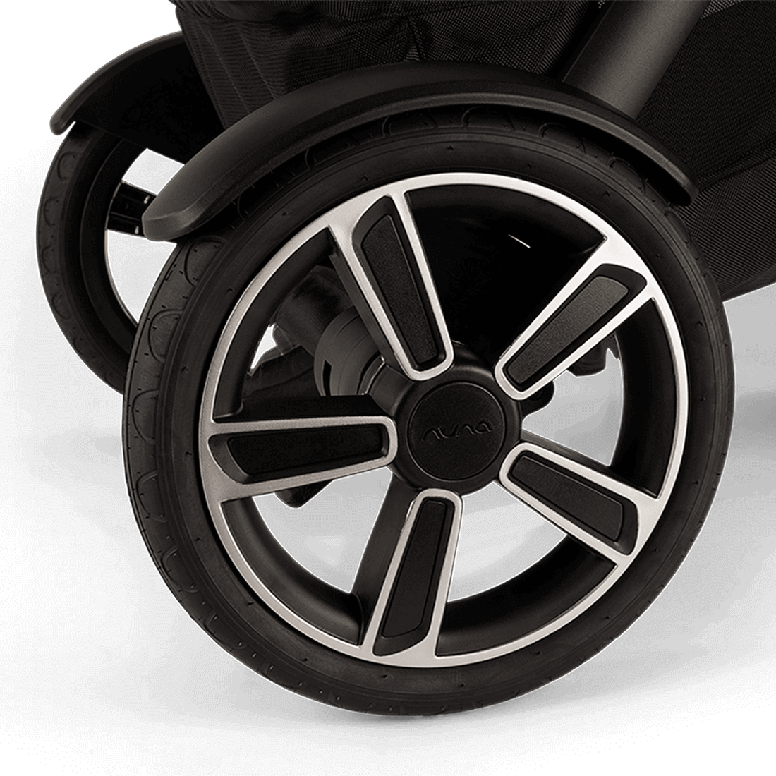 Nuna DEMI next Stroller with Rider Board — Biscotti rear wheel detail close-up