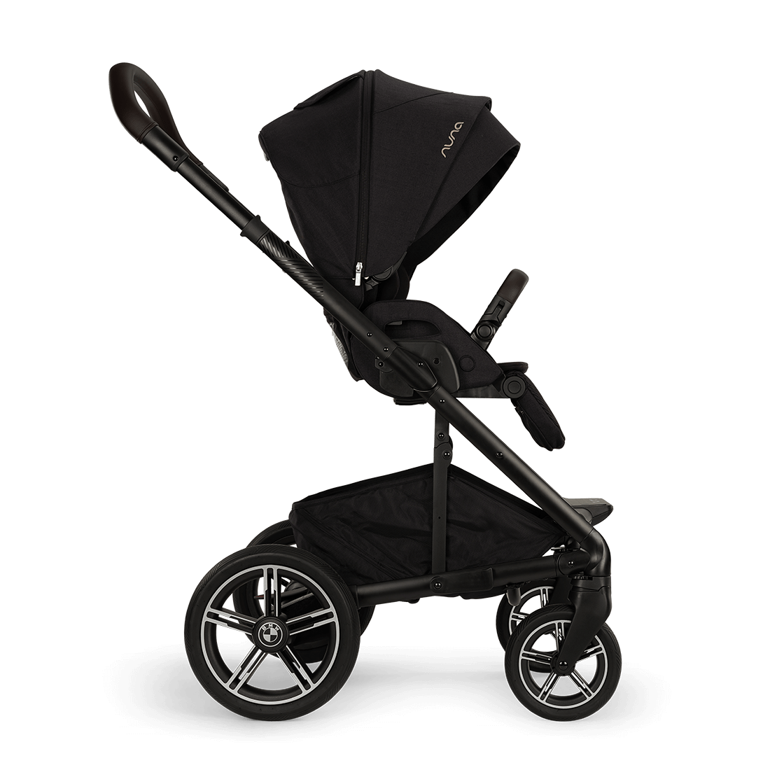 Nuna MIXX next Stroller — black stroller side profile with parent-facing seat and canopy partly open