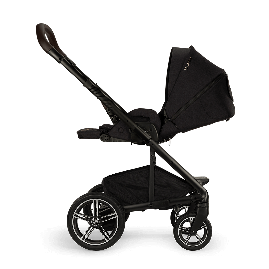 Nuna MIXX next Stroller — black stroller side profile with seat in a deep recline