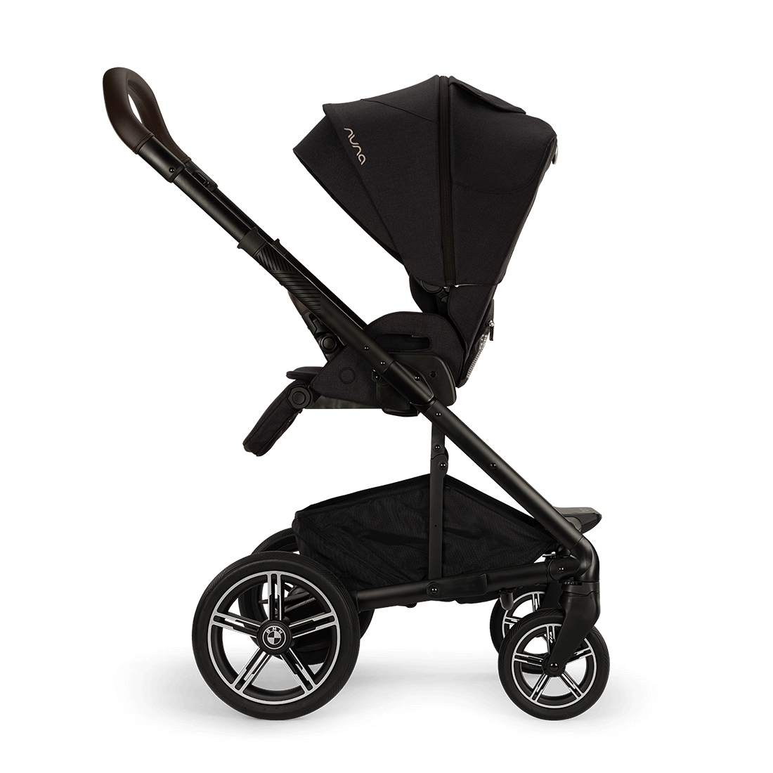 Nuna MIXX next Stroller — black stroller side profile with seat reclined and canopy extended