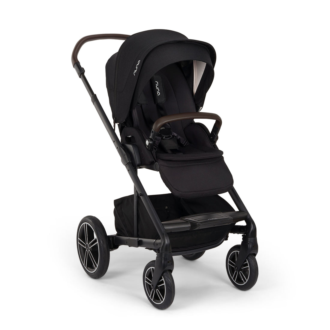 Nuna MIXX Next Stroller in Caviar - front three-quarter view with forward-facing seat