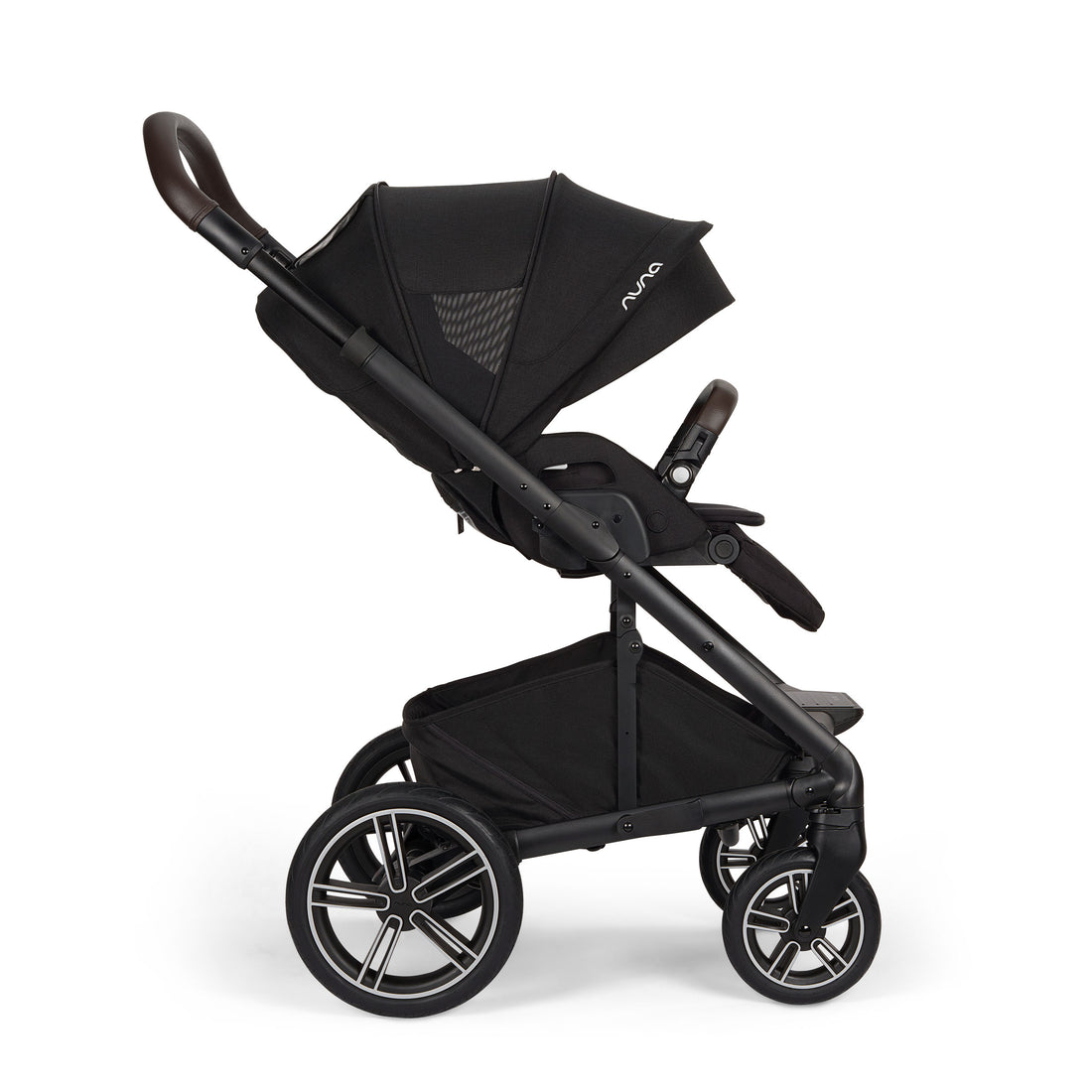 Nuna MIXX Next Stroller in Caviar - side view with parent-facing seat and canopy ventilation open