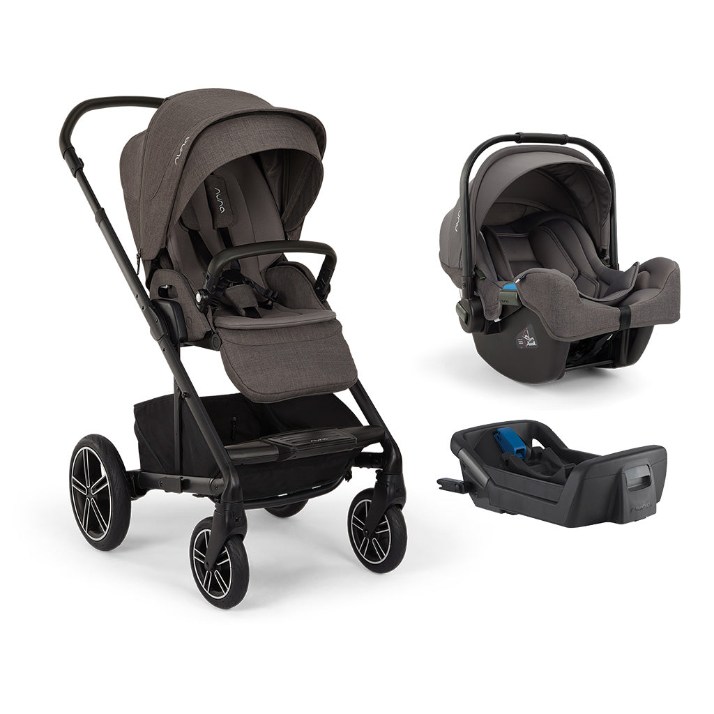 Nuna MIXX Next Stroller + PIPA Infant Car Seat Travel System showing Nuna MIXX Next + PIPA Travel System in Pewter - stroller, infant car seat, and base