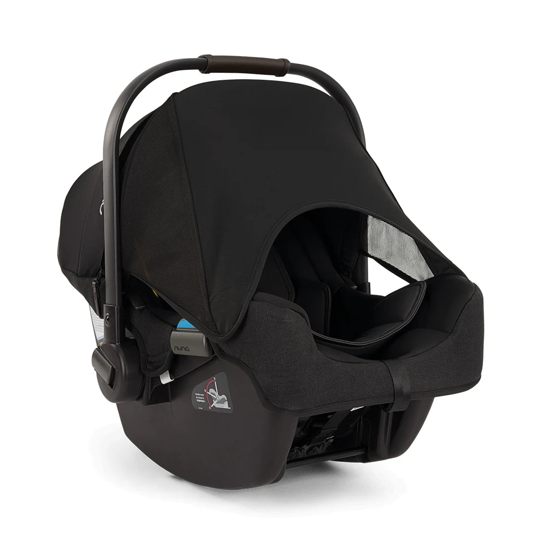 Nuna MIXX Next Stroller + PIPA Infant Car Seat Travel System showing Nuna PIPA Infant Car Seat in Caviar - front three-quarter view with canopy extended