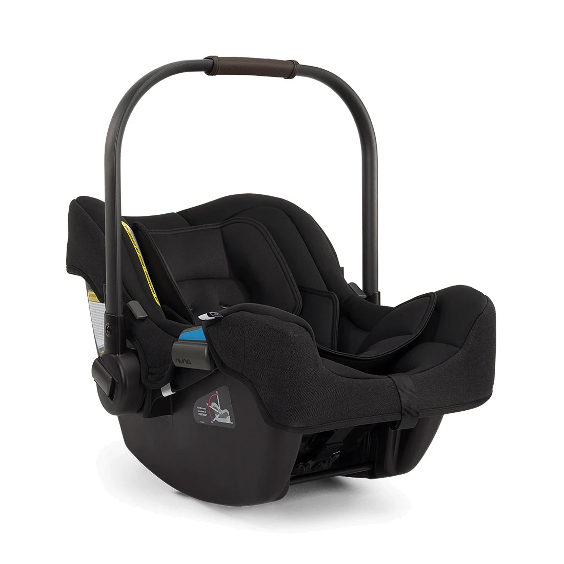 Nuna MIXX Next Stroller + PIPA Infant Car Seat Travel System showing Nuna PIPA Infant Car Seat in Caviar - front three-quarter view with canopy retracted