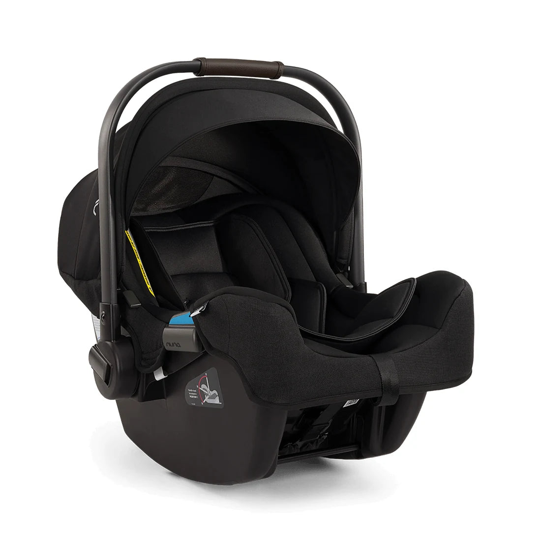 Nuna MIXX Next Stroller + PIPA Infant Car Seat Travel System showing Nuna PIPA Infant Car Seat in Caviar - front three-quarter view with canopy and handle raised