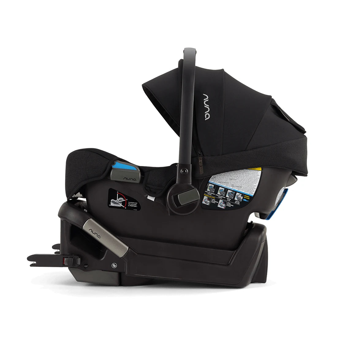 Nuna MIXX Next Stroller + PIPA Infant Car Seat Travel System showing Nuna PIPA Infant Car Seat in Caviar - left-side view with canopy extended on base