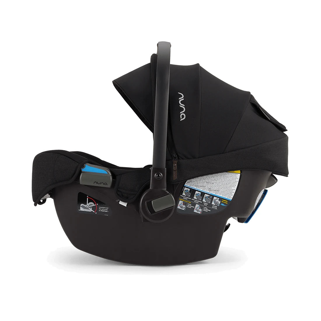 Nuna MIXX Next Stroller + PIPA Infant Car Seat Travel System showing Nuna PIPA Infant Car Seat in Caviar - right-side view with canopy extended on base