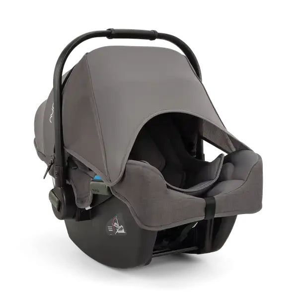 Nuna MIXX Next Stroller + PIPA Infant Car Seat Travel System showing Nuna PIPA Infant Car Seat in Pewter - front three-quarter view with Dream drape extended