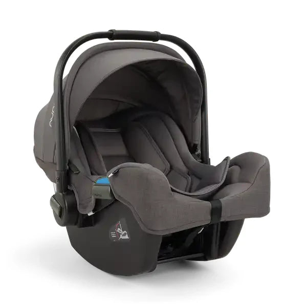 Nuna MIXX Next Stroller + PIPA Infant Car Seat Travel System showing Nuna PIPA Infant Car Seat in Pewter - front three-quarter view with canopy