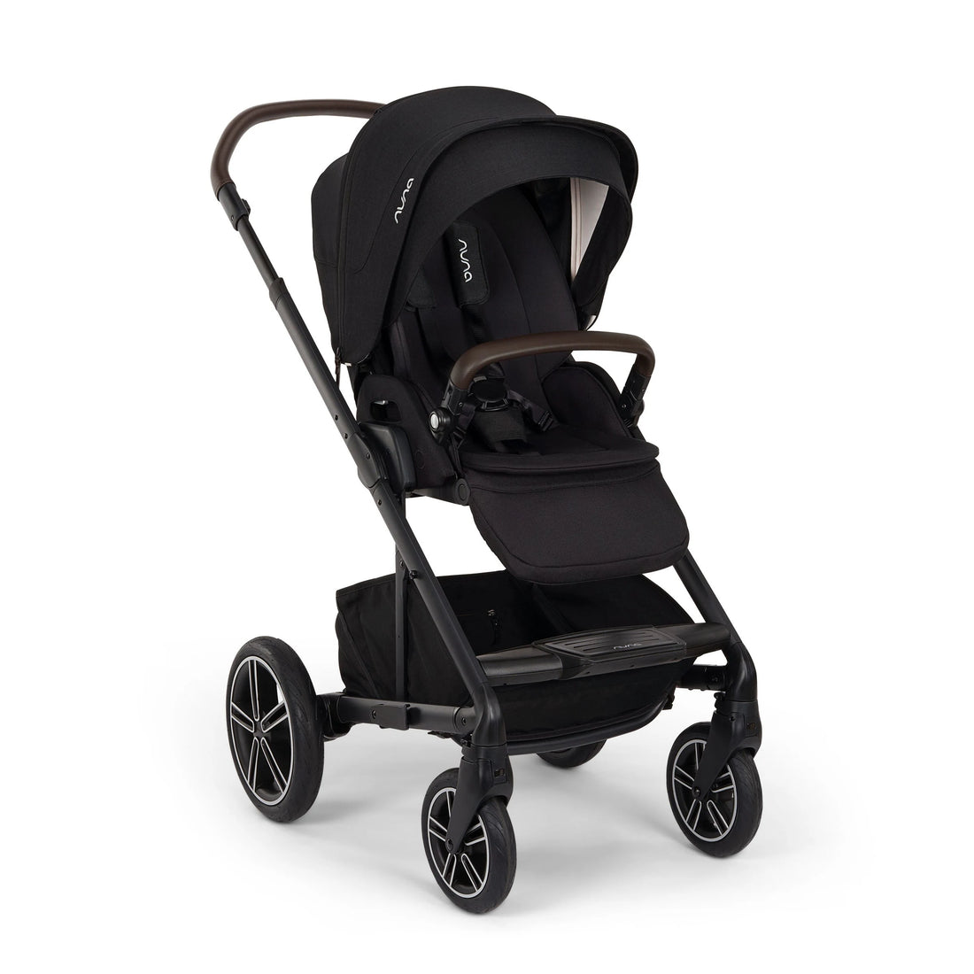 Nuna MIXX Next Stroller + PIPA Urbn Infant Car Seat Travel System showing Nuna MIXX Next Stroller in Caviar - front three-quarter view with forward-facing seat