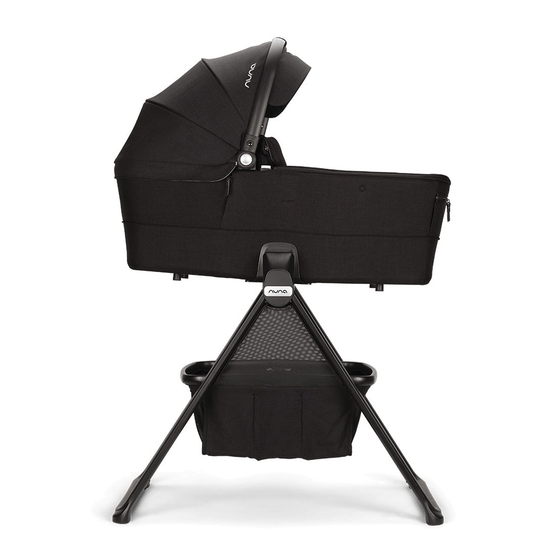 Nuna MIXX Series Bassinet — black bassinet on stand in side profile