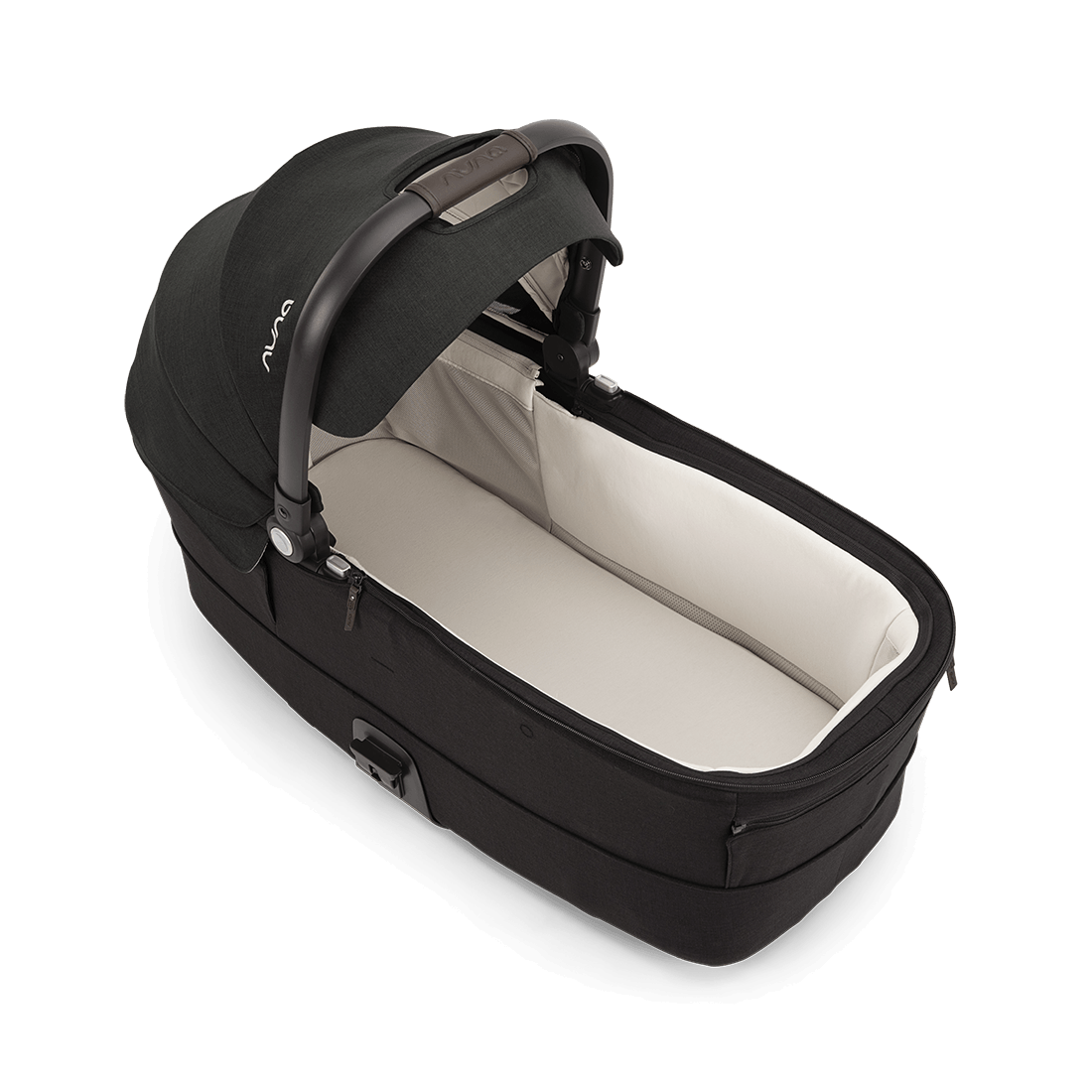 Nuna MIXX Series Bassinet — black bassinet overhead view showing white interior