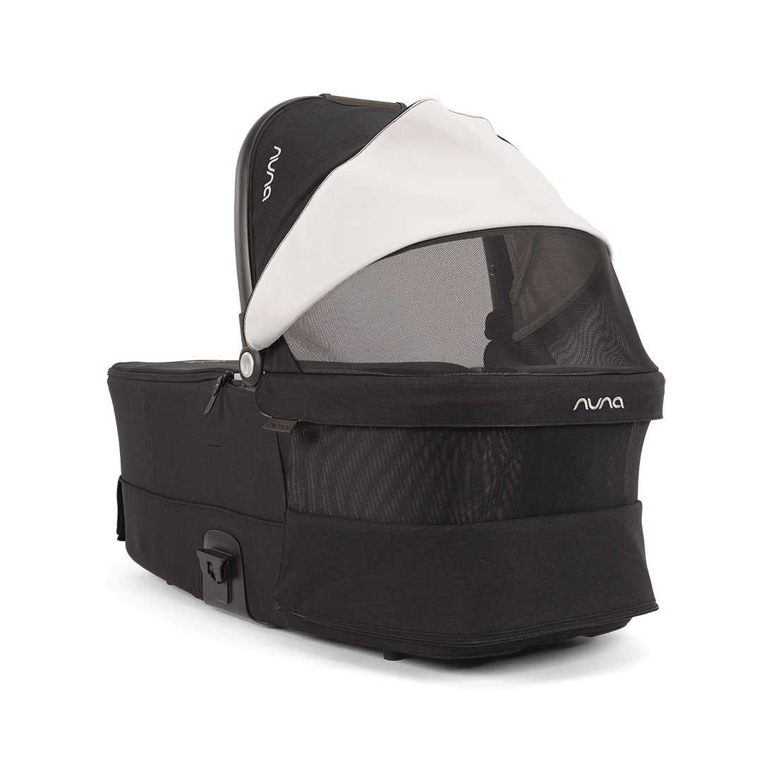 Nuna MIXX Series Bassinet — black bassinet rear three-quarter view with white mesh canopy open