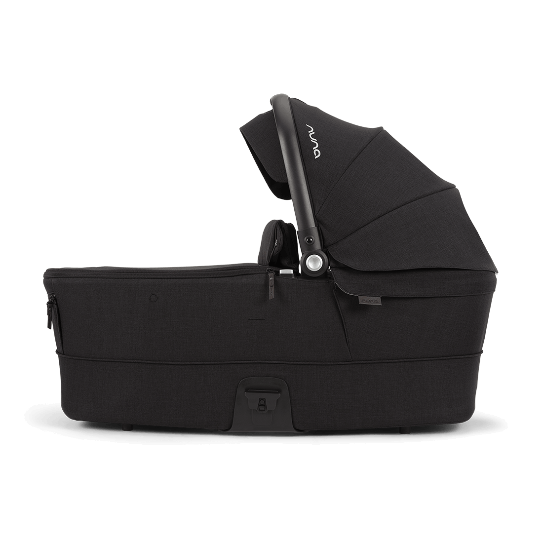Nuna MIXX Series Bassinet — black bassinet side profile with canopy extended
