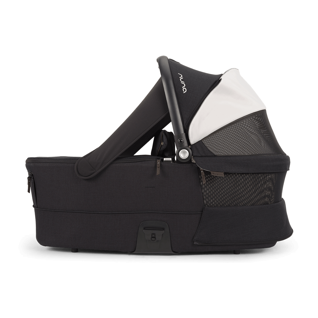 Nuna MIXX Series Bassinet — black bassinet side profile with mesh canopy panel open