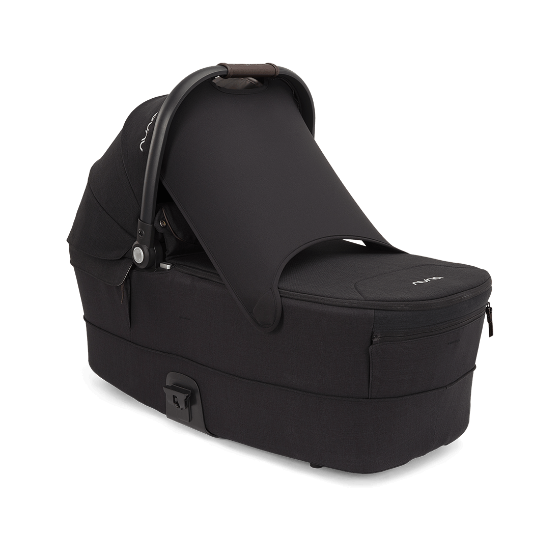 Nuna MIXX Series Bassinet — black bassinet three-quarter view with canopy fully extended