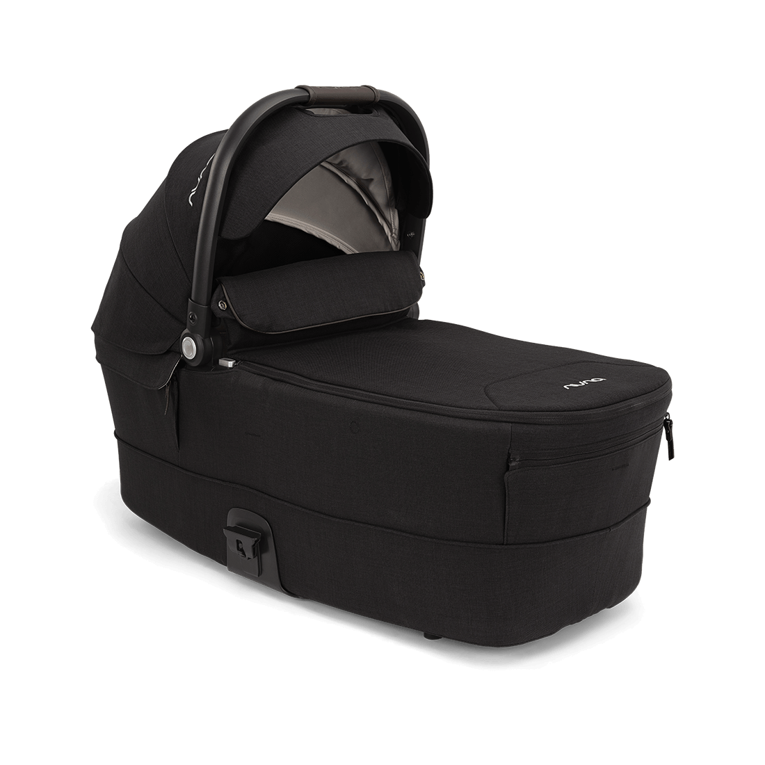 Nuna MIXX Series Bassinet — black bassinet three-quarter view with canopy open