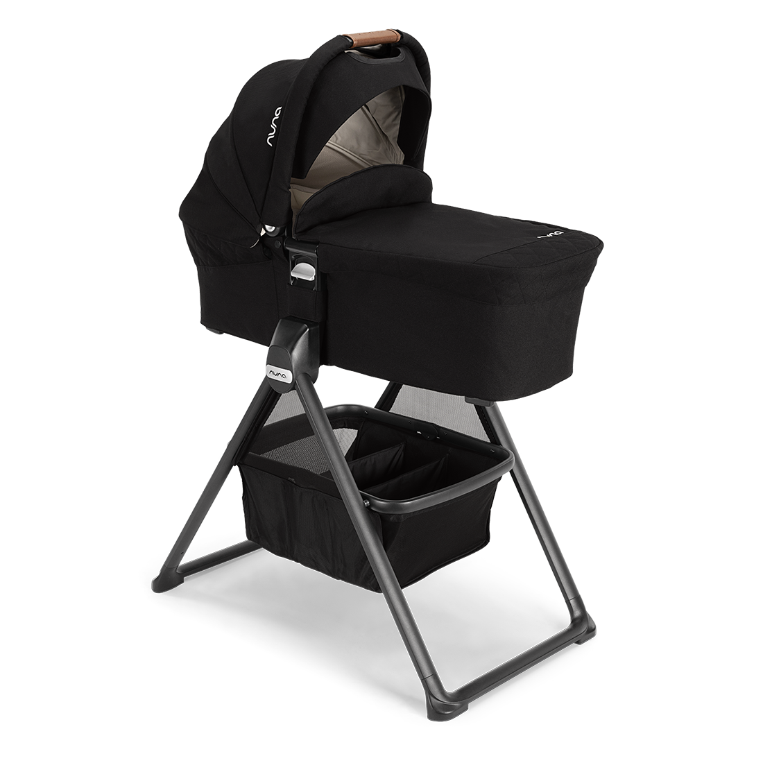 Nuna MIXX Series Stand — black bassinet on stand in front three-quarter view