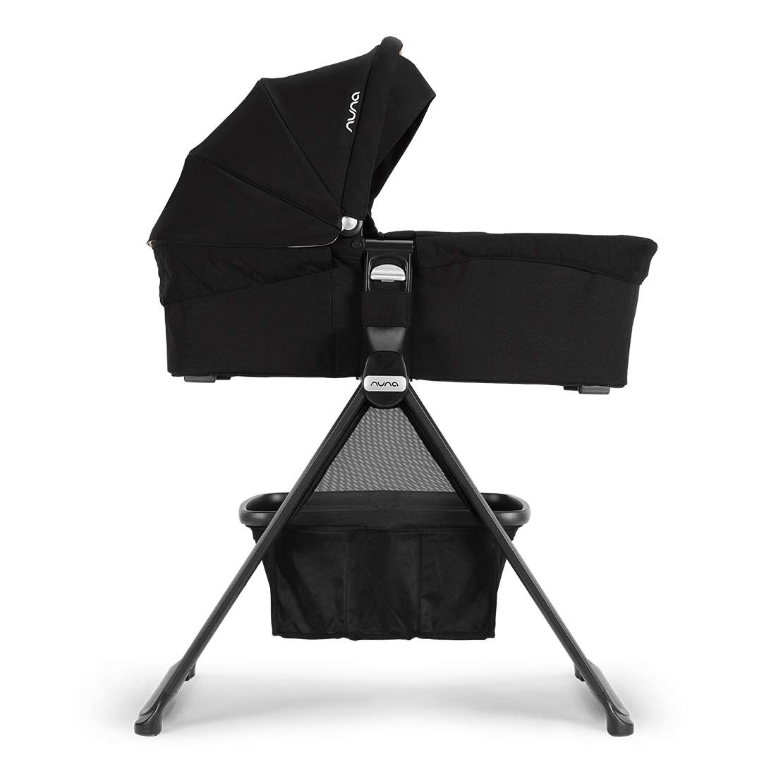 Nuna MIXX Series Stand — black bassinet on stand in front view